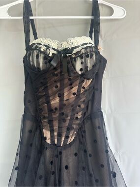 NWT Dream Harbor Midnight Dress XS Black Polka Dot Tulle Corset Midi Dress $89